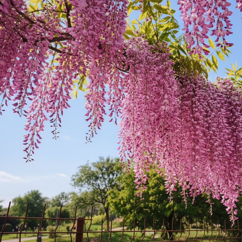 Glicina Roz (Wisteria floribunda) cu flori roz parfumate, ciorchini lungi, plantă cățărătoare ornamentală pentru grădină