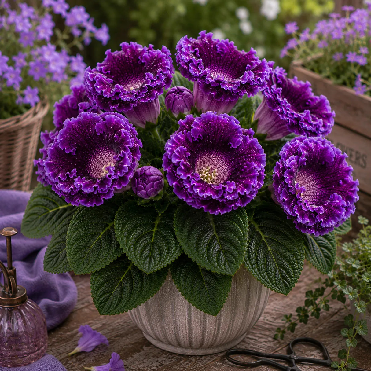 Gloxinia Royal Amethyst cu flori mari ametist și violet închis, plantă ornamentală de interior în ghiveci.