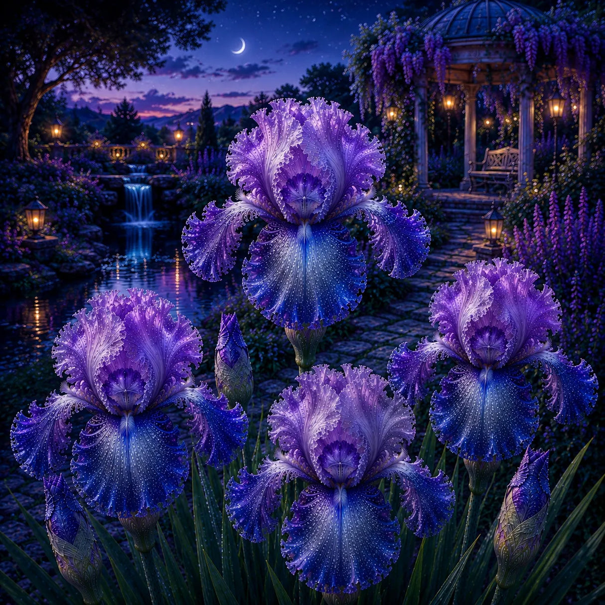 Iris Germanica Moonlight Velvet cu flori mari în nuanțe de violet închis și albastru profund, plantă perenă ornamentală ideală pentru grădini, borduri și ronduri, cu înflorire spectaculoasă primăvara.