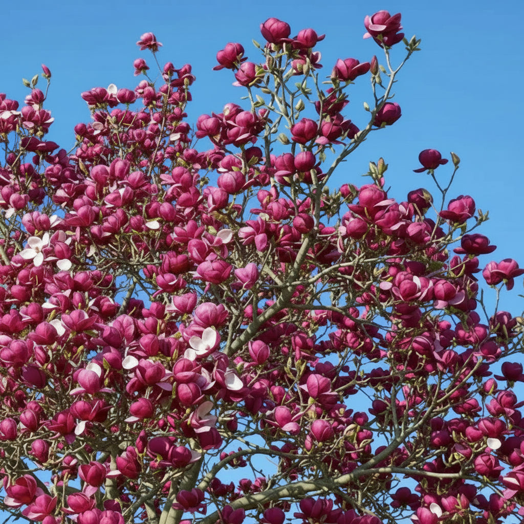 Magnolia Black Tulip cu flori vișiniu-închis, arbore ornamental înflorit primăvara