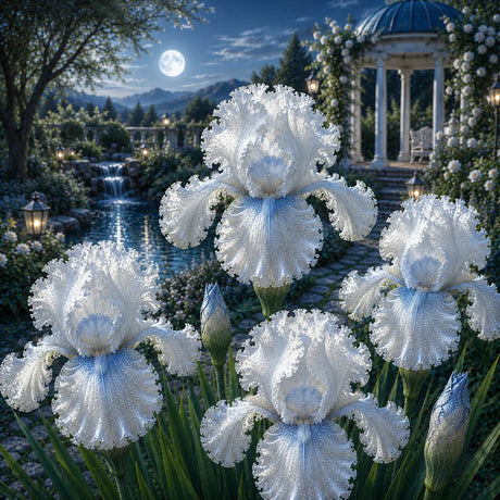 Bulb de Iris Germanica Arctic Diamond, soi premium cu flori mari alb cristal și reflexii albastre, ideal pentru grădini, straturi florale și borduri, rezistent și ușor de întreținut.