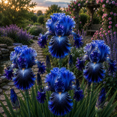 Bulb de Iris Germanica Blue Nebula, soi premium cu flori mari albastre și violete cu reflexii argintii, ideal pentru grădini, straturi florale și borduri, rezistent și ușor de întreținut.