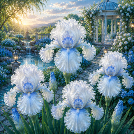 Bulb de Iris Germanica Celestial Bloom, soi premium cu flori mari albastru ceresc și alb perlat, ideal pentru grădini, straturi florale și borduri, rezistent și ușor de întreținut.