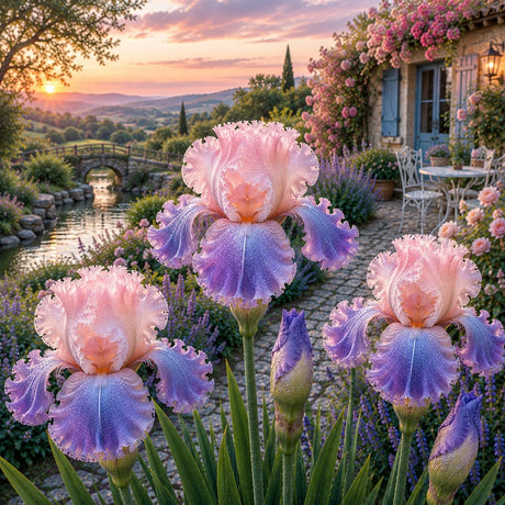 Bulb de Iris Germanica Celestial Prism, soi premium cu flori mari în nuanțe pastel de roz, lavandă și albastru, ideal pentru grădini, straturi florale și borduri, rezistent și ușor de întreținut.