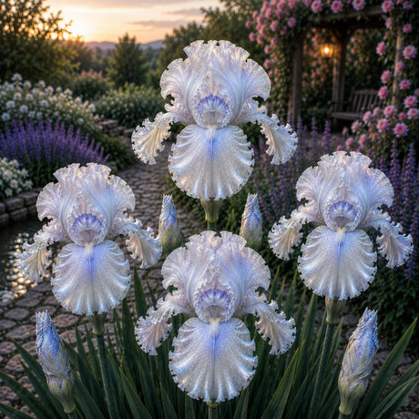 Bulb de Iris Germanica Cosmic Pearl, soi premium cu flori mari alb-perlate și reflexii albastre, ideal pentru grădini, straturi florale și borduri, rezistent și ușor de întreținut.