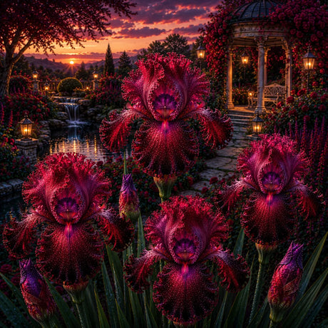 Bulb de Iris Germanica Crimson Nebula, soi premium cu flori mari roșu-rubiniu și bordo catifelat, ideal pentru grădini, straturi florale și borduri, rezistent și ușor de întreținut.