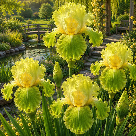 Bulb de Iris Germanica Emerald Crown, soi premium cu flori mari verde-lime și galben intens, ideal pentru grădini, straturi florale și borduri, rezistent și ușor de întreținut.