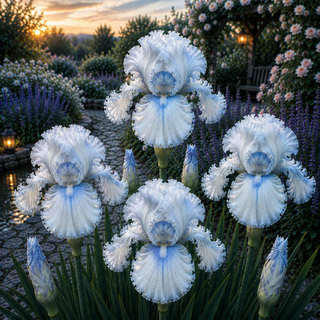 Bulb de Iris Germanica Frozen Aurora, soi premium cu flori mari alb-glaciar și accente albastre, ideal pentru grădini, straturi florale și borduri, rezistent și ușor de întreținut.
