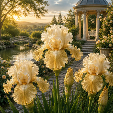 Bulb de Iris Germanica Golden Mirage, soi premium cu flori mari în nuanțe de șampanie aurie și crem, ideal pentru grădini, straturi florale și borduri, rezistent și ușor de întreținut.