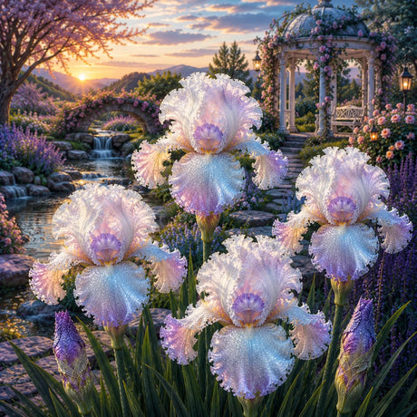Bulb de Iris Germanica Rainbow Eclipse, soi premium cu flori mari multicolore în nuanțe pastel, ideal pentru grădini, straturi florale și borduri, rezistent și ușor de întreținut.