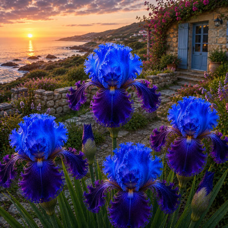 Bulb de Iris Germanica Sapphire Lightning, soi premium cu flori mari albastre și violete, ideal pentru grădini, straturi florale și borduri, rezistent și ușor de întreținut.