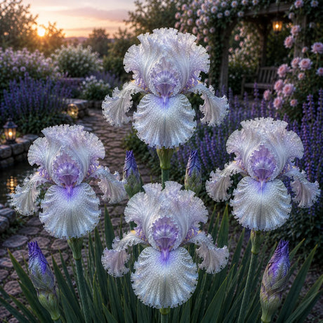 Bulb de Iris Germanica Silver Aurora, soi premium cu flori mari alb-argintii și reflexii lavandă, ideal pentru grădini, straturi florale și borduri, rezistent și ușor de întreținut.