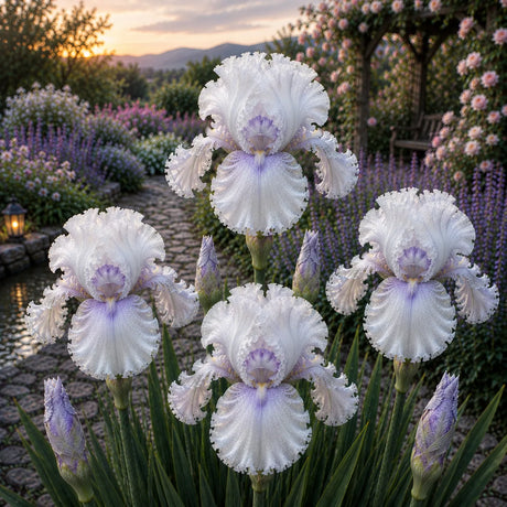 Bulb de Iris Germanica Starlight Queen, soi premium cu flori mari alb-lavandă și aspect regal, ideal pentru grădini, straturi florale și borduri, rezistent și ușor de întreținut.