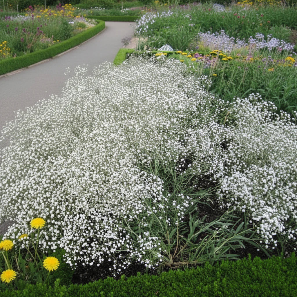 Floarea miresei (Gypsophila) este o plantă ornamentală delicată, cu flori albe bogate, ideală pentru grădină, borduri și buchete elegante.