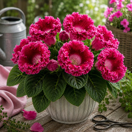 Gloxinia Cherry Passion cu flori mari roz-cireașă intens și frunziș verde, plantă ornamentală de interior în ghiveci.