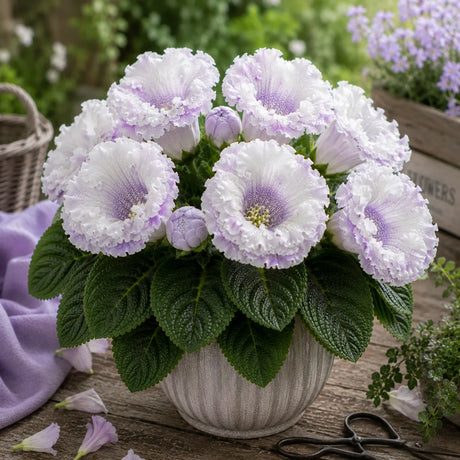 Gloxinia Crystal Aurora cu flori mari albe și reflexii lavandă-roz, plantă ornamentală de interior în ghiveci.