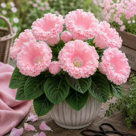 Gloxinia Pink Stardust cu flori mari roz pastel și frunziș verde catifelat, plantă ornamentală de interior în ghiveci.