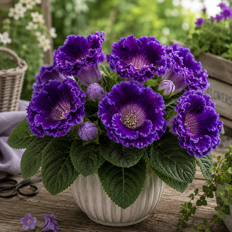 Gloxinia Purple Majesty cu flori mari violet regal și frunziș verde intens, plantă ornamentală de interior în ghiveci.