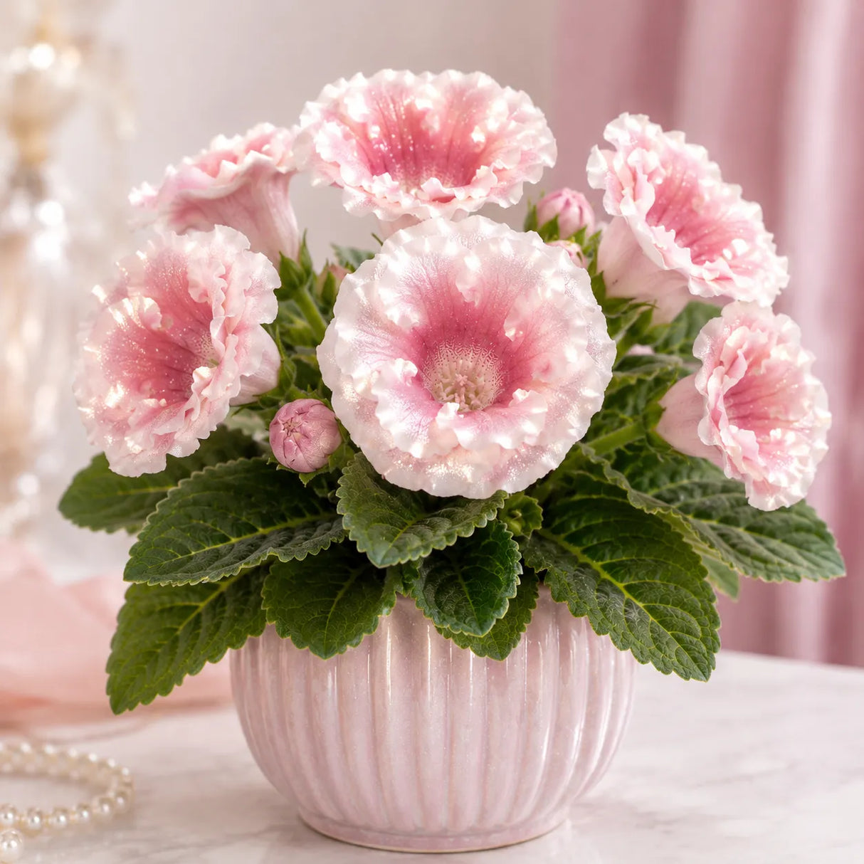 Gloxinia Rosé Champagne cu flori mari roz șampanie și reflexii perlate, plantă ornamentală de interior în ghiveci