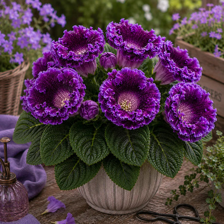 Gloxinia Royal Amethyst cu flori mari ametist și violet închis, plantă ornamentală de interior în ghiveci.