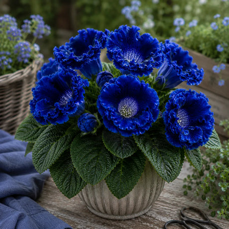 Gloxinia Sapphire Dream cu flori mari albastru safir și accente violet, plantă ornamentală de interior în ghiveci.