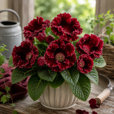Gloxinia Velvet Ruby cu flori mari roșu-rubiniu catifelat, plantă ornamentală de interior în ghiveci.