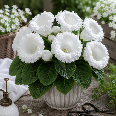 Gloxinia White Elegance cu flori mari albe și frunziș verde intens, plantă ornamentală de interior în ghiveci.