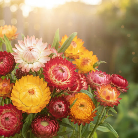 Semințe Imortele Melanj cu flori de paie colorate, perfecte pentru grădini însorite, aranjamente florale și decorațiuni naturale.