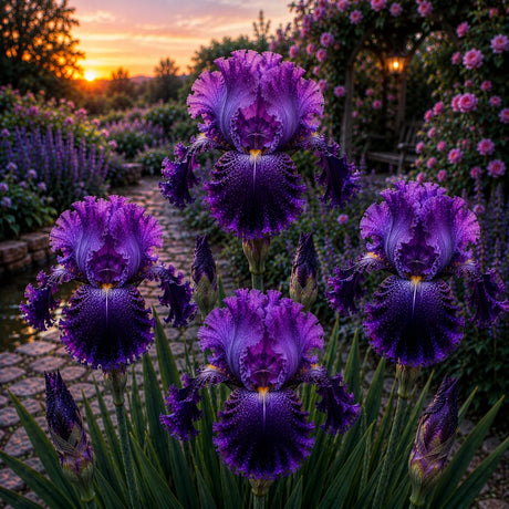 Iris Germanica Amethyst Crown, iris ornamental cu petale ondulate și catifelate în tonuri de ametist și violet intens, perfect pentru grădini elegante și amenajări peisagistice.