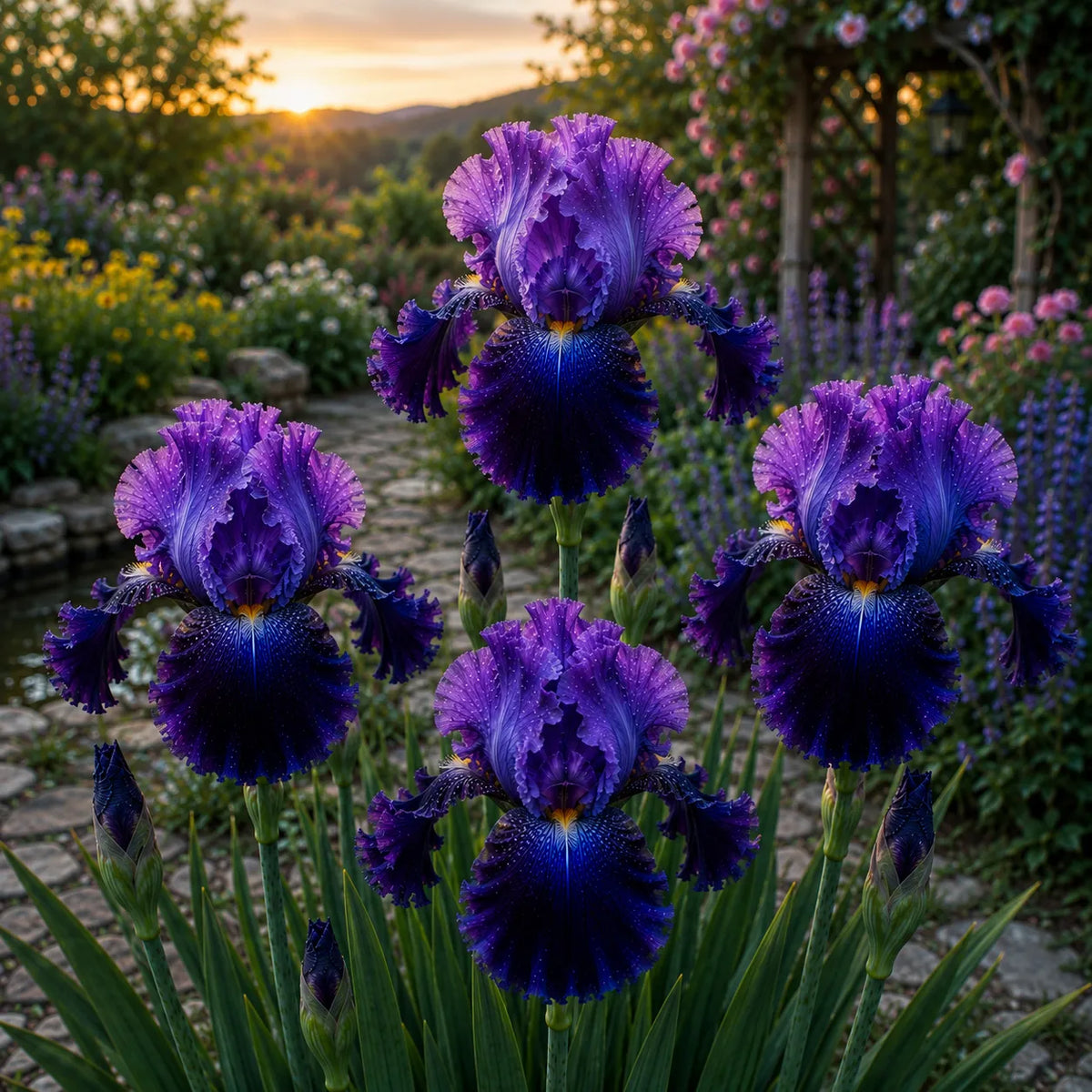Iris Germanica Galaxy Dream cu flori mari în nuanțe de violet, albastru și lavandă, plantă perenă ornamentală ideală pentru grădini, borduri și ronduri, cu înflorire spectaculoasă primăvara.