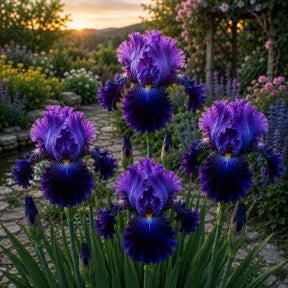Iris Germanica Galaxy Dream cu flori mari în nuanțe de violet, albastru și lavandă, plantă perenă ornamentală ideală pentru grădini, borduri și ronduri, cu înflorire spectaculoasă primăvara.
