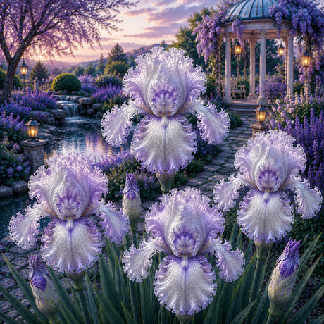 Iris Germanica Imperial Aurora, iris ornamental cu petale elegante în tonuri de lavandă și argintiu, perfect pentru grădini decorative și amenajări peisagistice rafinate.