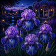 Iris Germanica Moonlight Velvet cu flori mari în nuanțe de violet închis și albastru profund, plantă perenă ornamentală ideală pentru grădini, borduri și ronduri, cu înflorire spectaculoasă primăvara.