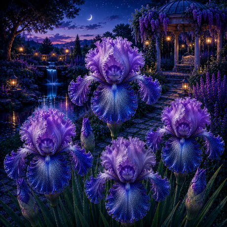 Iris Germanica Moonlight Velvet cu flori mari în nuanțe de violet închis și albastru profund, plantă perenă ornamentală ideală pentru grădini, borduri și ronduri, cu înflorire spectaculoasă primăvara.