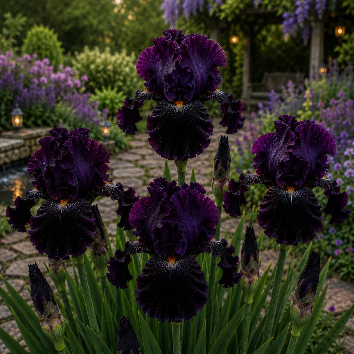 Iris Germanica Obsidian Beauty cu flori mari purpuriu foarte închis și petale catifelate, plantă perenă ornamentală pentru grădină.