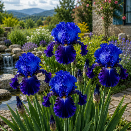 Iris Germanica Sapphire Flame cu flori mari albastru safir și accente violet, plantă perenă ornamentală pentru grădină.