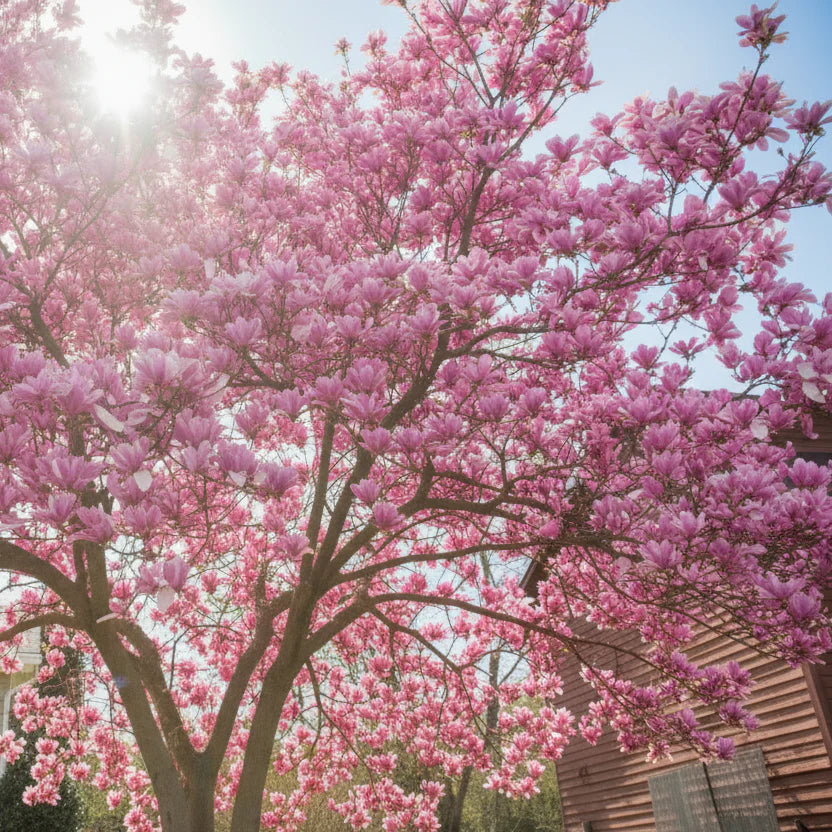Magnolia „Jane” înflorită cu flori roz-purpuriu într-o grădină verde primăvara