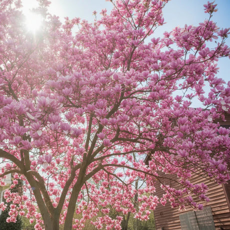 Magnolia „Jane” înflorită cu flori roz-purpuriu într-o grădină verde primăvara