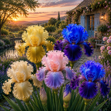 Pachet Iris Germanica Mix cu 5 rizomi, selecție de iris ornamentali în nuanțe diverse și flori elegante, perfect pentru amenajări peisagistice, grădini și straturi florale.